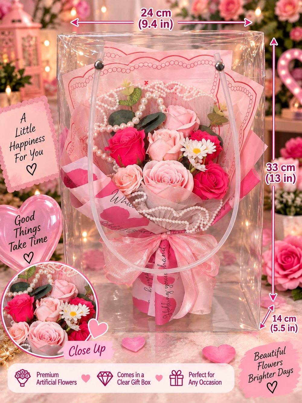Premium Pink Artificial Flower Bouquet in Clear Gift Box - Brand: